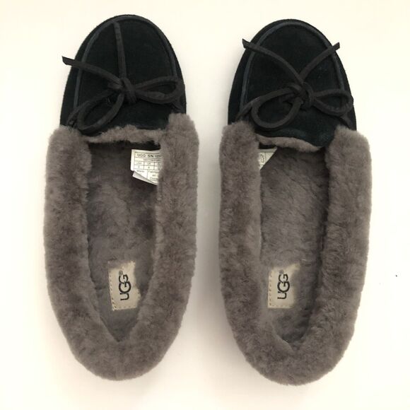 UGG Women Gray Black Shearling Lined Flat Slippers Solana Loafer 1020041 US 6 - Picture 4 of 12